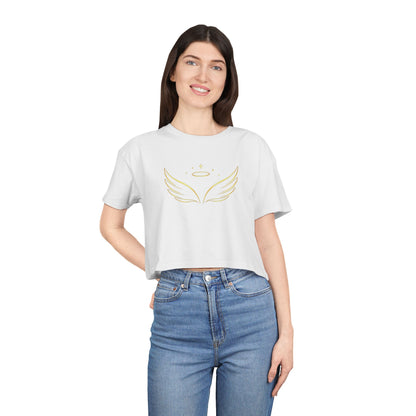 Angel Wings Crop Tee — Minimal Gold Halo Graphic Women's Top