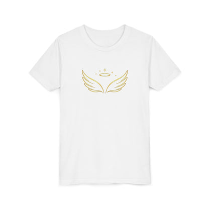 Youth Tee — Gold Angel Wings & Halo Graphic