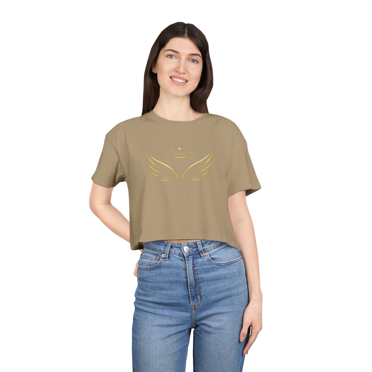 Angel Wings Crop Tee — Minimal Gold Halo Graphic Women's Top