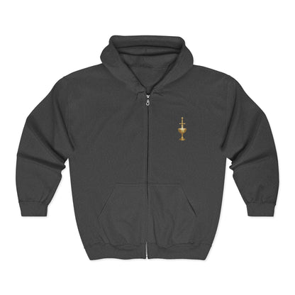 Copy of Copy of Gold Chalice Cross Zip Hoodie — Small Chest Emblem Religious Symbol Full-Zip Hoodie