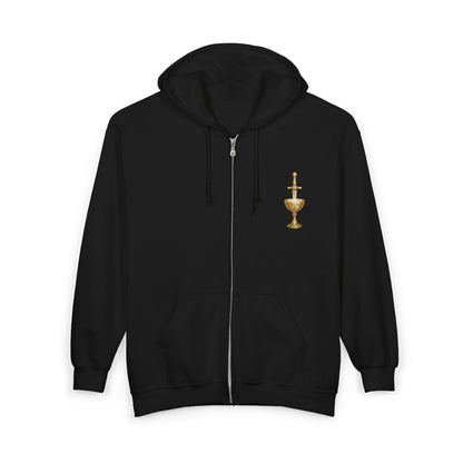 Gold Chalice Cross Zip Hoodie — Small Chest Emblem Religious Symbol Full-Zip Hoodie