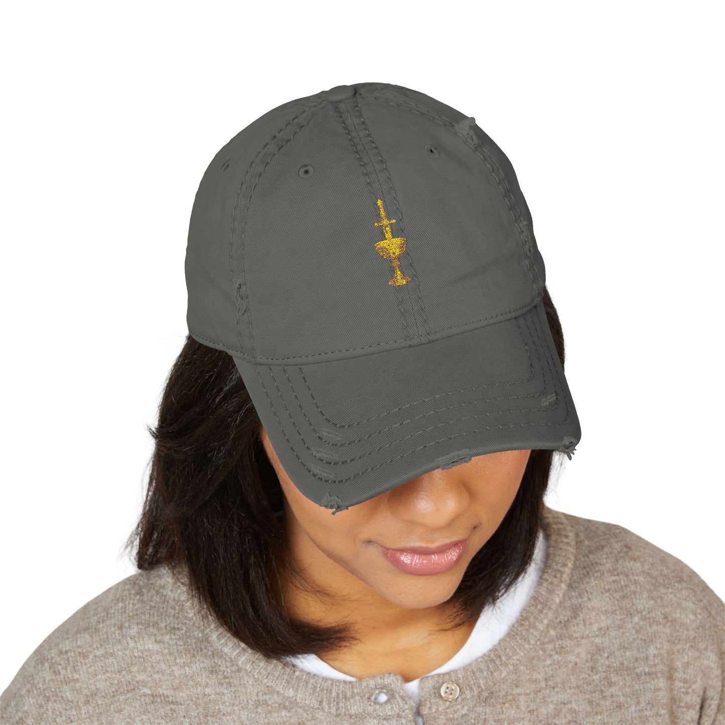 Embroidered Chalice Distressed Dad Hat — Vintage Gray Baseball Cap