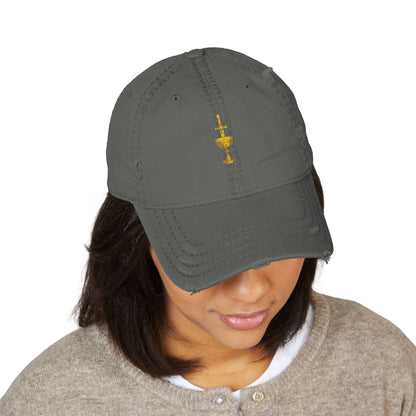 Embroidered Chalice Distressed Dad Hat — Vintage Gray Baseball Cap