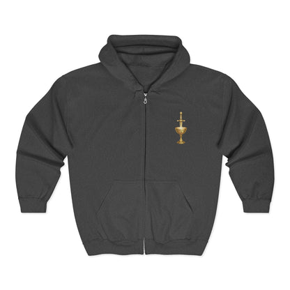 Gold Chalice Cross Zip Hoodie — Small Chest Emblem Religious Symbol Full-Zip Hoodie