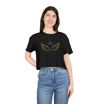 Angel Wings Crop Tee — Minimal Gold Halo Graphic Women's Top