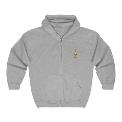 Copy of Copy of Gold Chalice Cross Zip Hoodie — Small Chest Emblem Religious Symbol Full-Zip Hoodie