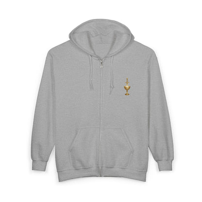 Copy of Copy of Gold Chalice Cross Zip Hoodie — Small Chest Emblem Religious Symbol Full-Zip Hoodie