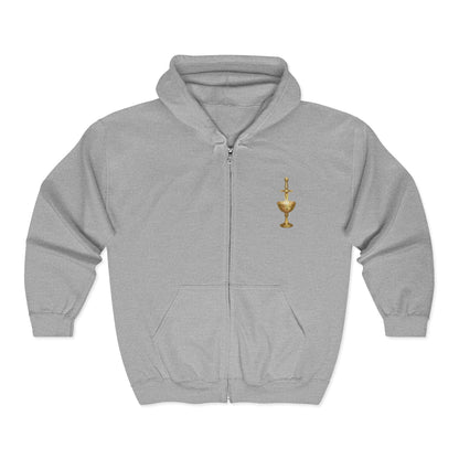 Gold Chalice Cross Zip Hoodie — Small Chest Emblem Religious Symbol Full-Zip Hoodie