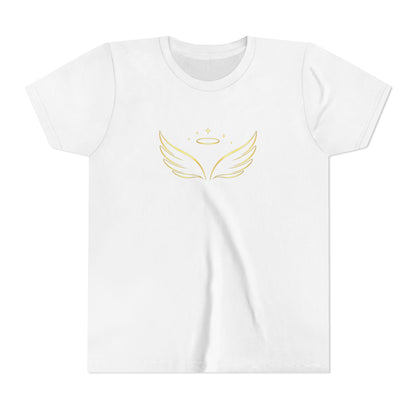Youth Tee — Gold Angel Wings & Halo Graphic