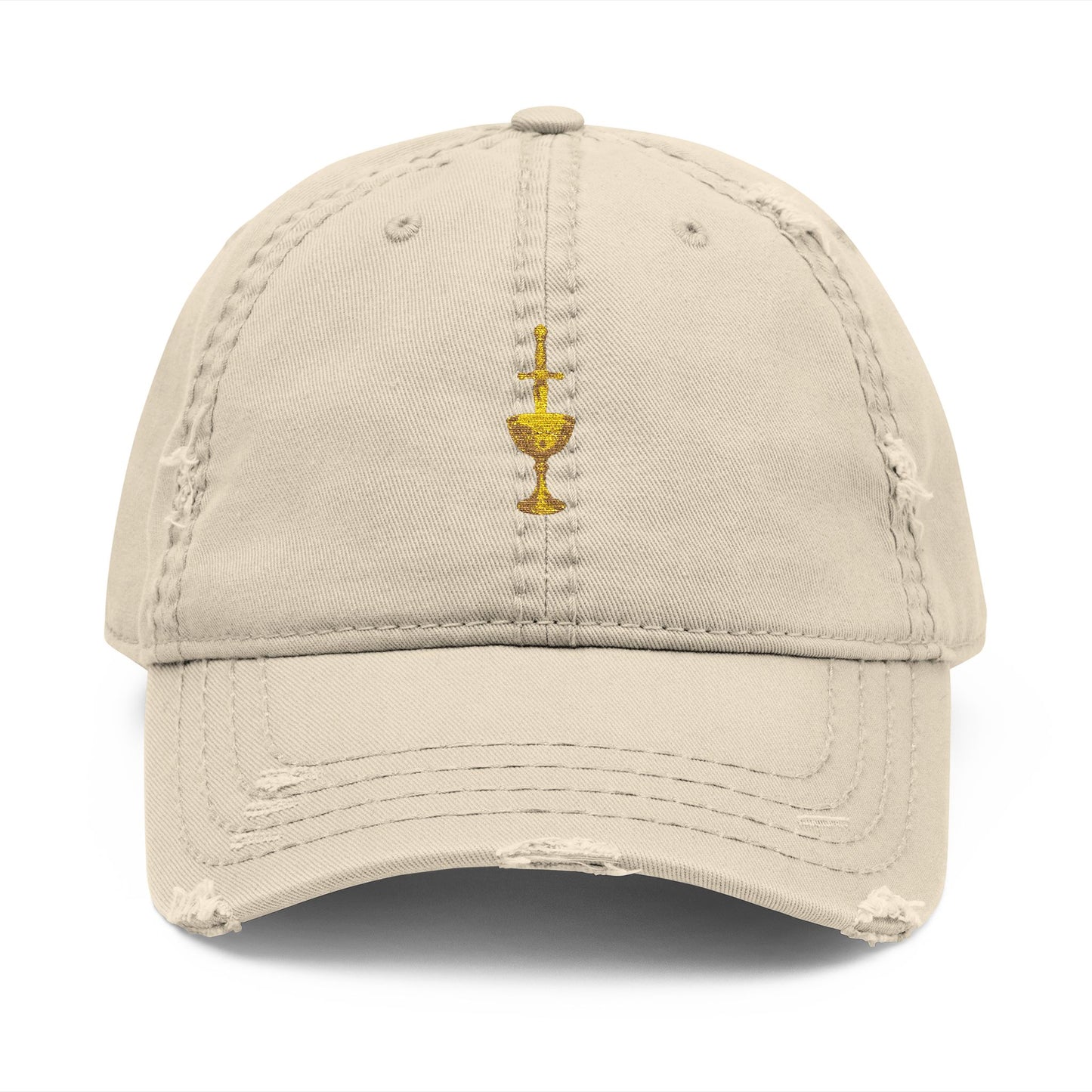 Embroidered Chalice Distressed Dad Hat — Vintage Gray Baseball Cap