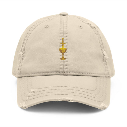 Embroidered Chalice Distressed Dad Hat — Vintage Gray Baseball Cap