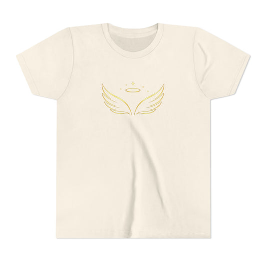 Youth Tee — Gold Angel Wings & Halo Graphic