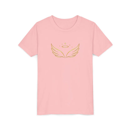 Youth Tee — Gold Angel Wings & Halo Graphic