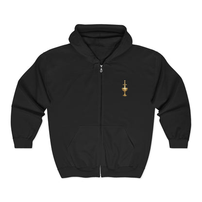 Copy of Copy of Gold Chalice Cross Zip Hoodie — Small Chest Emblem Religious Symbol Full-Zip Hoodie