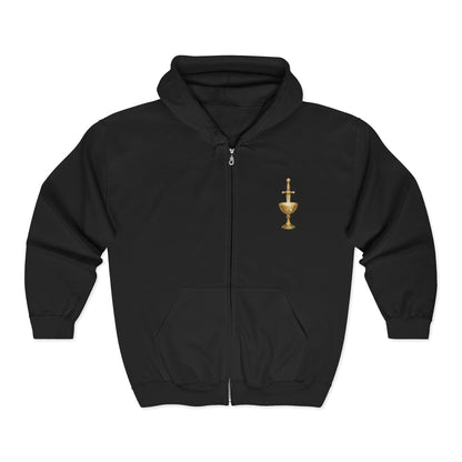 Copy of Gold Chalice Cross Zip Hoodie — Small Chest Emblem Religious Symbol Full-Zip Hoodie