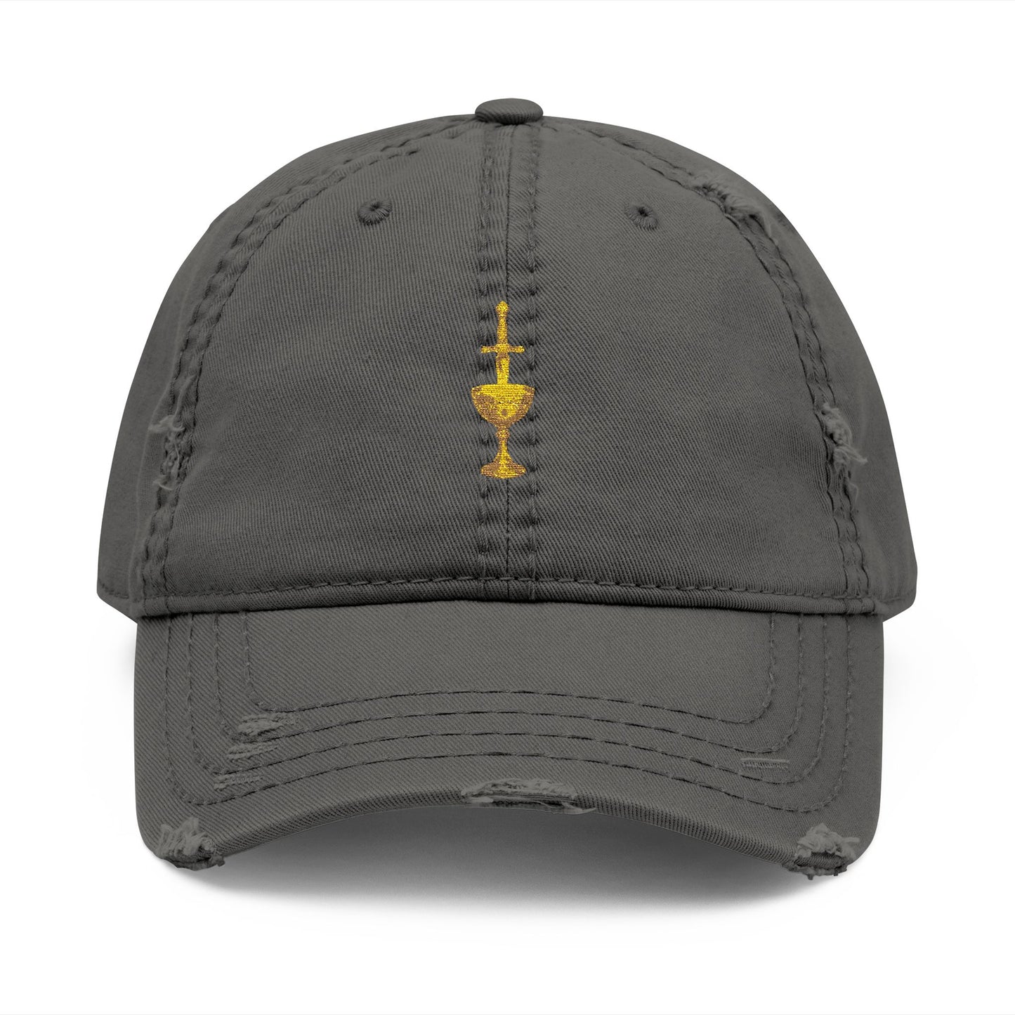 Embroidered Chalice Distressed Dad Hat — Vintage Gray Baseball Cap