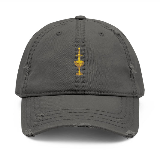 Embroidered Chalice Distressed Dad Hat — Vintage Gray Baseball Cap