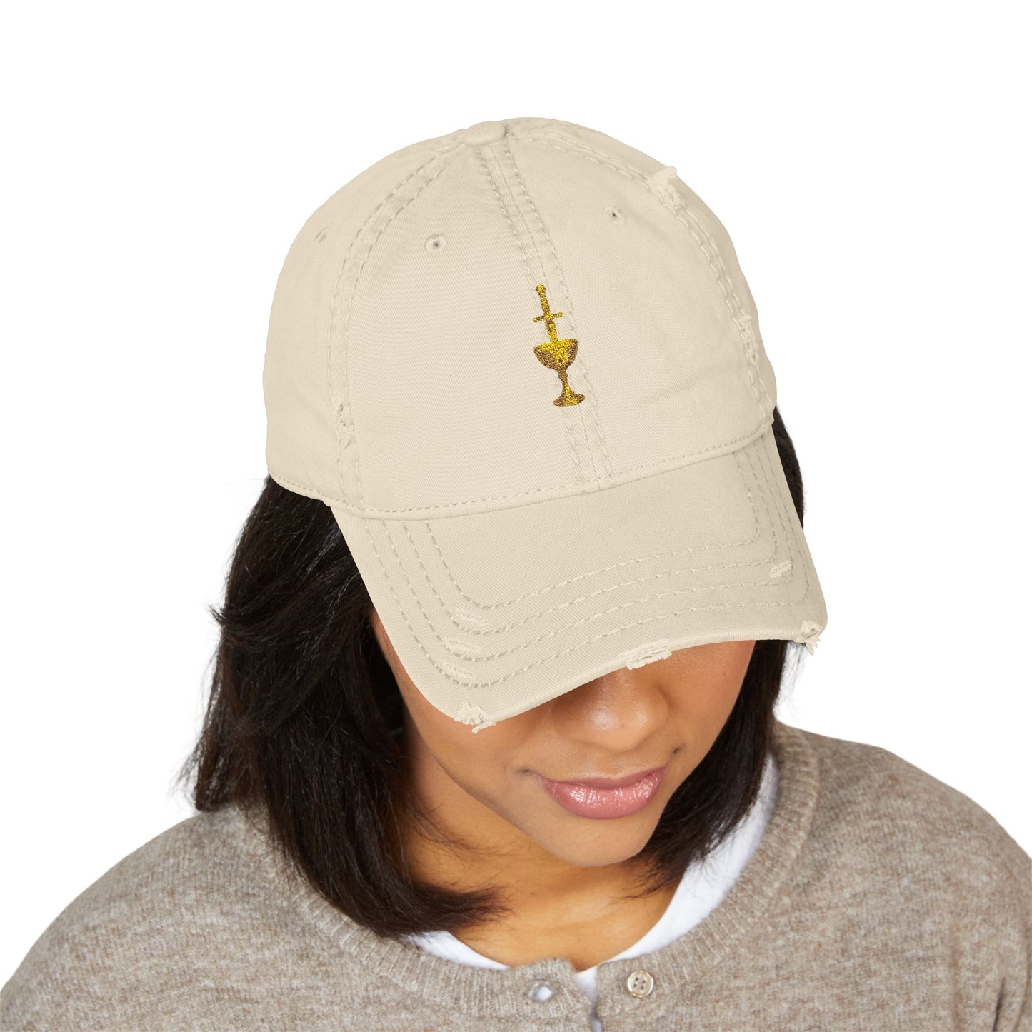 Embroidered Chalice Distressed Dad Hat — Vintage Gray Baseball Cap