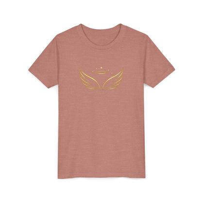Youth Tee — Gold Angel Wings & Halo Graphic