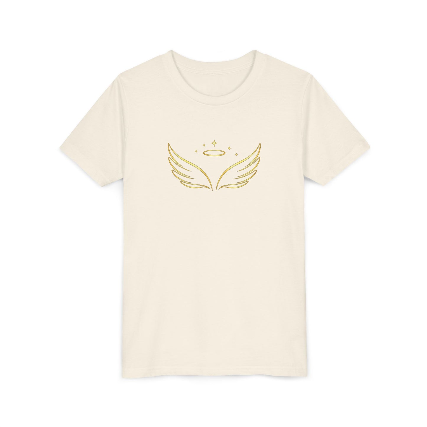 Youth Tee — Gold Angel Wings & Halo Graphic