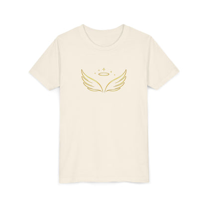 Youth Tee — Gold Angel Wings & Halo Graphic